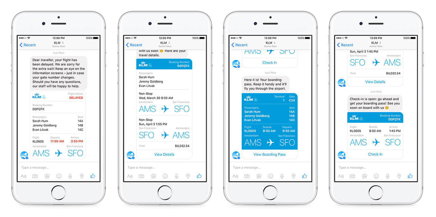 大量公司已開始利用 Messenger 的聊天機器人功能服務客戶。圖為荷蘭航空的客服機器人，可為乘客提供機票及航班資料