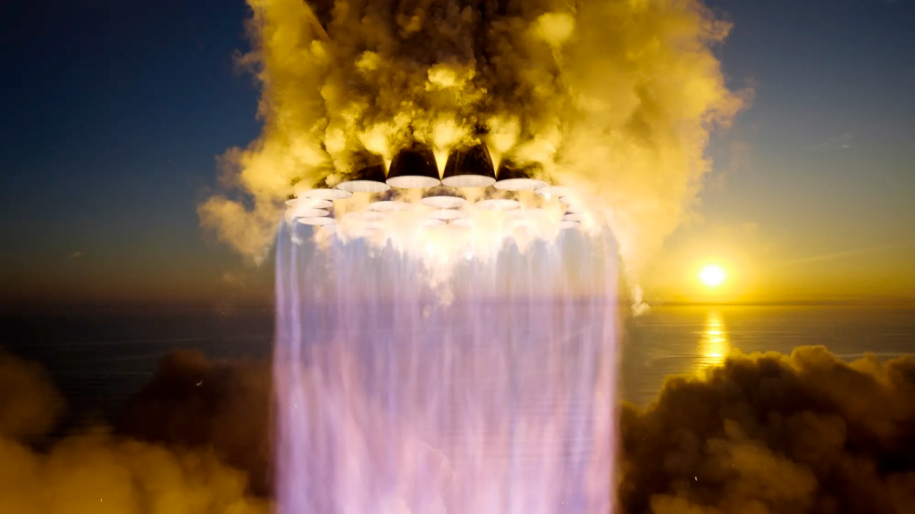SpaceX 星艦的獵戶座引擎在升空時的影像。該公司2023年的第二次星艦發射大約持續了8分鐘後爆炸。
