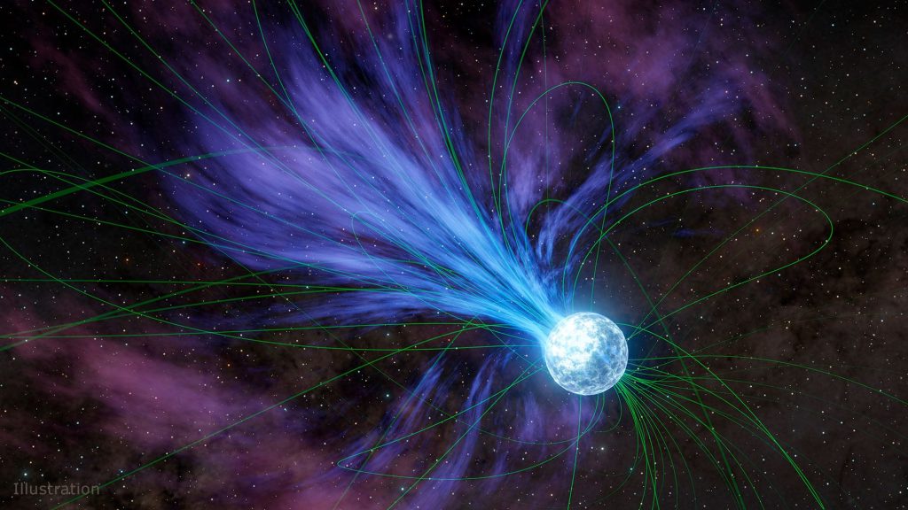 藝術家的概念圖中描繪了一顆磁星（一種中子星）向太空中拋射物質的場景。這種拋射行為會導致磁星的自轉速度變慢。圖中展示了磁星強大且扭曲的磁場線（以綠色表示），這些磁場線會影響從磁星表面流出的帶電物質。（圖／NASA）